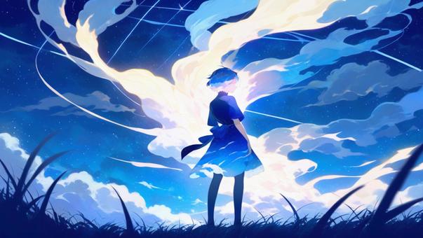星空の下に佇み、流れる光に抱かれる少女 星空の下に佇み、流れる光に抱かれる少女 青空,少女,景色のイラスト素材