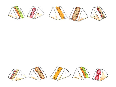 サンドイッチのフレーム パン,いちご,カツ,ハム,トマト,玉子焼き,レタス,枠,手描き,ツナのイラスト素材