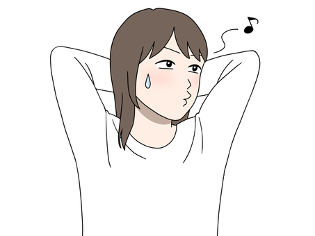 そっぽを向いて誤魔化す女性 知らんぷり,知らん顔,冷や汗,しーらない,そっぽを向く,しらを切る,知らないふり,知ってる,しらばっくれる,とぼけるのイラスト素材
