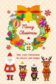 ポップなクリスマスカード02 クリスマス,サンタ,トナカイ,くま,ねこ,クリスマスリース,クリスマスツリー,ツリー,サンタクロース,メリークリスマスのイラスト素材