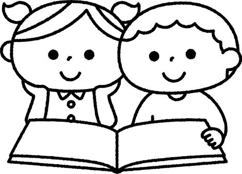 二人で本を読む子供モノクロ 人物,子供,読書,本,かわいい,勉強,二人,学習,小学生,幼稚園のイラスト素材