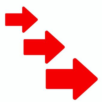 サイズの異なる3つの赤い矢印アイコン 矢印,赤,大中小,ステップ,サイズ違い,方向,アイコン,右向き,強調,ビジネスのイラスト素材