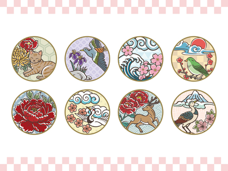 和風丸素材イラストセット-1 和風,和柄,丸素材,バッジ,ワッペン,丸,猫,チャトラ,茶トラ,菊のイラスト素材