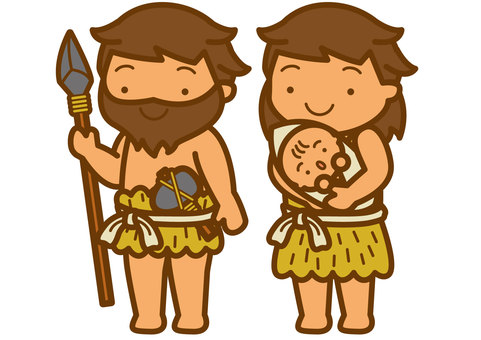 原始人-4c 原始人,毛皮,槍,石斧,ヒゲ,紐,赤ちゃん,男性,女性,かわいいのイラスト素材