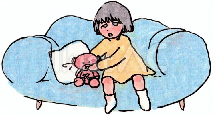 不安な女の子とクマのぬいぐるみ 女の子,ソファ,おかっぱのイラスト素材