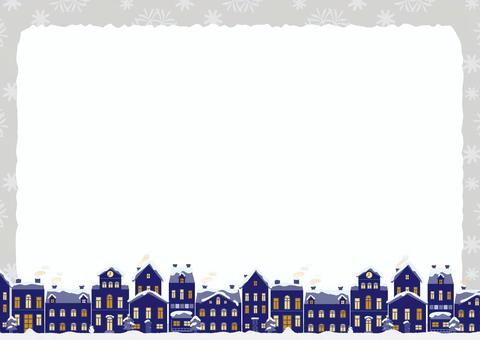 クリスマスの夜の街並みのフレーム2 クリスマス,夜,街並み,街,家,建物,雪,冬,背景,壁紙のイラスト素材