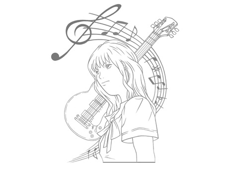 音楽のバンドでギターを担当する女子高生 音楽,楽器,ギター,軽音楽部,音符,楽譜,部活,バンド,高校生,演奏のイラスト素材