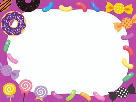 お菓子のフレーム/紫 かわいい,ベクター,シンプル,ゼリービーンズ,ジェリービーンズ,ドーナツ,アソート,ペロペロキャンディ,渦巻キャンディ,うずまきキャンディのイラスト素材