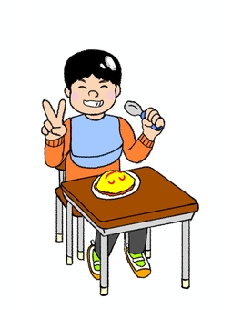 机でごはんを食べている子ども 鉛筆風,手書き,子ども,男の子,ごはん,オムライスのイラスト素材