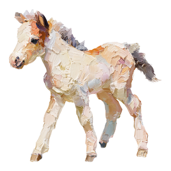 厚塗りの可愛い仔馬イラスト 馬,動物,厚塗り,油絵風,手描き,かわいい,イラスト,白背景,ファンシー,絵画風のイラスト素材