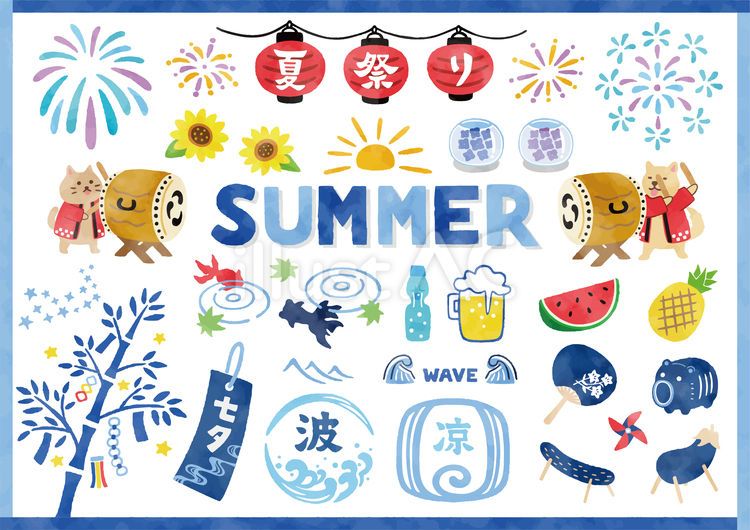 夏の素材セット　水彩 夏,背景,フレームのイラスト素材