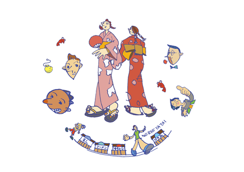 お祭りイラスト 1 祭り,出店,屋台,浴衣,金魚,焼き鳥,寿司,水風船,ソーメン,納涼祭のイラスト素材