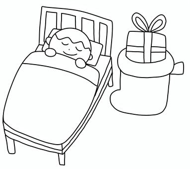 ベッドの横にクリスマスプレゼント塗り絵 ベッド,男の子,かわいい,子供,クリスマス,行事,イベント,冬,12月,プレゼントのイラスト素材