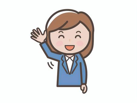 手を振って挨拶する女性会社員のイラスト 女性,挨拶,返事,スーツ,会社員,ビジネスウーマン,元気,挙手,賛成,olのイラスト素材
