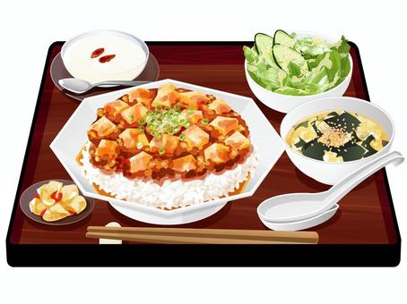 麻婆丼定食 麻婆丼,定食,中華料理,料理,食べ物,麻婆豆腐,ネギ,ご飯,米,ワカメスープのイラスト素材