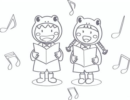 かえるの歌_こども(ペア)線画 こども,おとこの子,おんなの子,音楽,歌,コーラス,合唱,デュエット,カエル,コスプレのイラスト素材