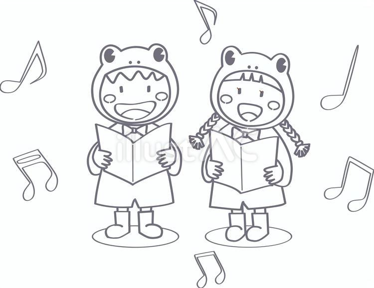 かえるの歌_こども(ペア)線画 こども,おとこの子,おんなの子のイラスト素材