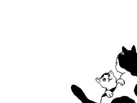 ママネコ見上げる子猫フレーム ネコ,フレーム,子猫,見上げる,白黒,カワイイ,ペット,動物,親子,家族のイラスト素材