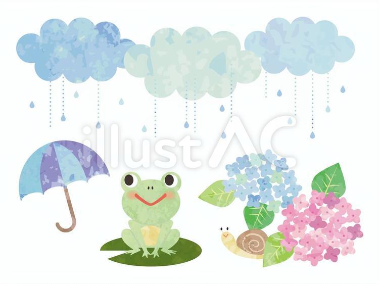 梅雨のセット カエル,雨,あじさいのイラスト素材