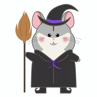 ハロウィンの仮装をするハムスター 魔女 ハロウィン,魔女,ハムスター,仮装,コスプレ,ホウキ,マント,靴,かわいい,イラストのイラスト素材