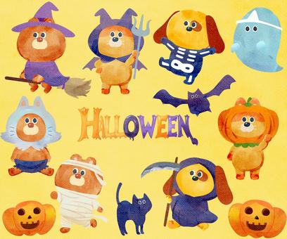 水彩画_ハロウィンmixセット_01 熊,猫,犬,動物,手描き,水彩画,水彩,水彩風,水彩画風,あしらいのイラスト素材