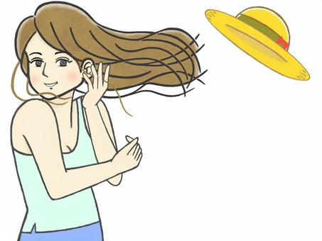 夏の風に麦わら帽子が飛ぶソフトな女性 女性,美人,柔らかい,ソフト,若い,上半身,風,飛ぶ,麦わら帽子,なびくのイラスト素材