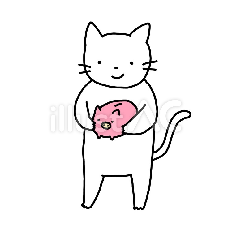 ぶたの貯金箱を持つねこ ねこ,猫,白猫のイラスト素材