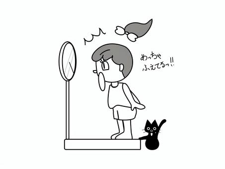 体重測定モノクロ 体重測定,女の子,猫,モノクロ,秤,かわいい,挿し絵,フリー素材,無料のイラスト素材