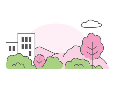 春の山や桜の木の見える地方都市の並木道 並木道,背景,風景,春,桜,ビル,木,山,雲,植木のイラスト素材