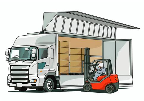 フォークリフトで積も込み中の大型トラック 運送,大型トラック,ウイング車,フォークリフト,積み込み,荷役,10トン,トラック,荷物,配送のイラスト素材