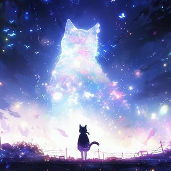 Illustration, cat, girl, night sky, 