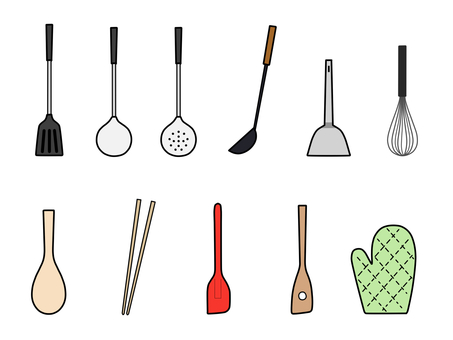 調理器具セット フライ返し,ターナー,おたま,お玉杓子,穴あきおたま,穴杓子,鉄勺,鉄板返し,ヘラ,コテのイラスト素材