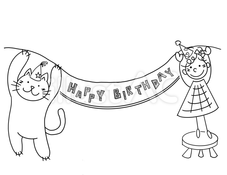 猫と女の子　ハッピーバースデー横断幕 猫,白猫,女の子のイラスト素材