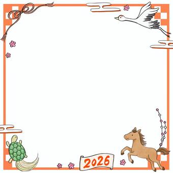 手描き絵の年賀フレーム2026スクエア赤 お正月,年賀,フレーム,枠,背景,午,馬,2026,鶴,亀のイラスト素材