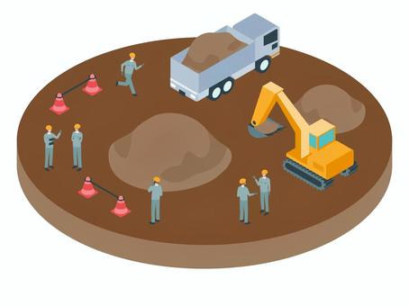 アイソメトリック_工事現場全体図 アイソメトリック_工事現場全体図 アイソメトリック,立体,アイソメ,斜め上,シャベルカー,トラック,作業員,人物,現場,建築のイラスト素材