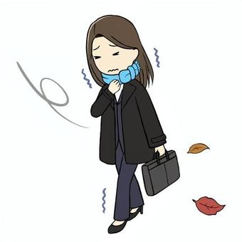 寒がりながら出勤する会社員女性 寒い,寒がる,歩く,木枯らし,北風,会社員,女性,ol,スーツ,コートのイラスト素材