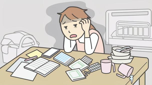  介護うつ-介護疲れの女性_横長 介護,女性,介護疲れ,ストレス,家族,悩む,限界,不安,疲れる,負担のイラスト素材