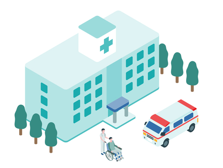 アイソメトリック_病院・救急車・車椅子 アイソメトリック,立体,アイソメ,斜め上,施設,救急,対応,病院,建物,車椅子のイラスト素材