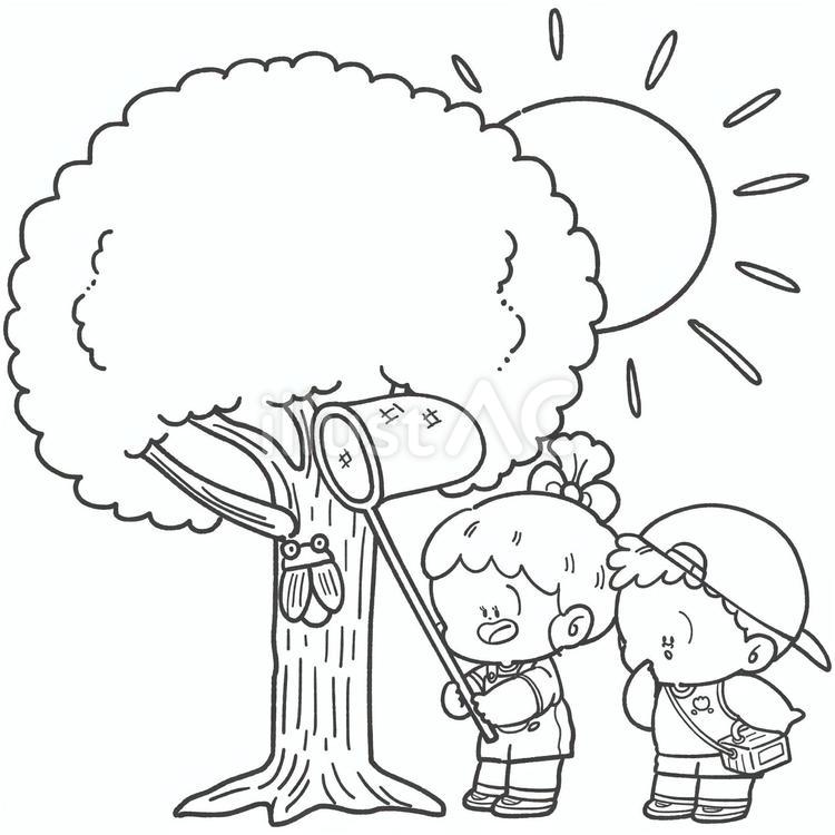 セミ捕りをする子どもの白黒手描きイラスト 夏休み,セミ捕り,白黒のイラスト素材