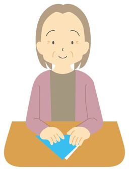 折り紙3 折り紙,折る,趣味,女性,高齢者,机,上半身,主線なしのイラスト素材