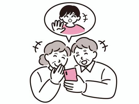 孫とスマホで会話を楽しむ老夫婦 老夫婦,老人,お年寄り,おばあちゃん,おばあさん,おじいさん,おじいちゃん,スマホ,スマートフォン,電話のイラスト素材