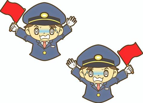 赤い旗を振る鉄道員 駅員,車掌,運転士,運転手,鉄道員,乗務員,鉄道,新幹線,路面電車,地下鉄のイラスト素材