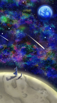 幻想的な宇宙背景、人影あり 宇宙,星空,星雲,銀河,夜空,幻想的,sf,厚塗り,デジタルアート,背景のイラスト素材