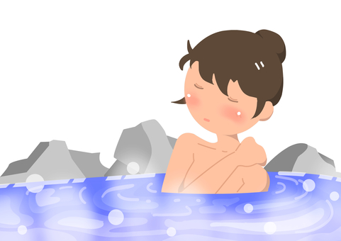 露天風呂に入る女性 温泉,露天,風呂,女性,くつろぎ,リラックス,一人旅,旅行,行楽,休暇のイラスト素材
