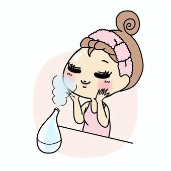 ぶりっ子　美顔器　スチームを当てる女子 美顔器,スチーム,女性,女子,美容,肌,ケア,アンチエイジング,ミスト,リフトアップのイラスト素材
