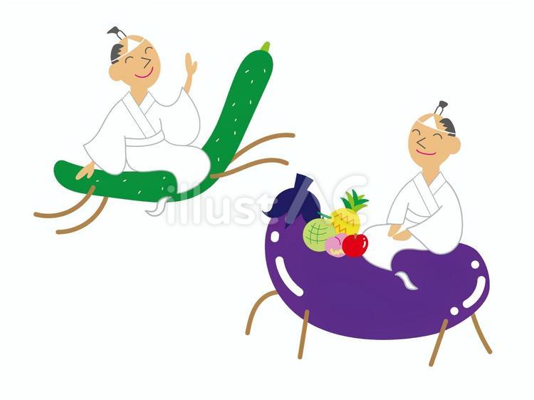 お盆にきゅうりとナスに乗ったご先祖様 お盆,夏,七月のイラスト素材