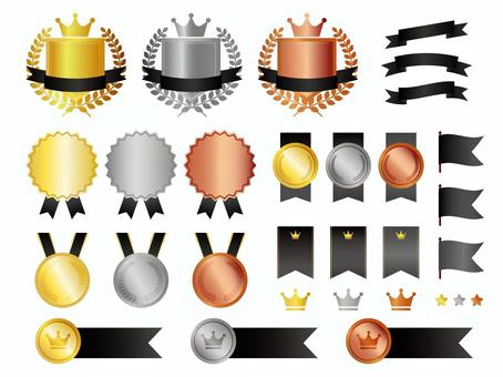 ランキング・メダル素材セット ランキング,メダル,バッジ,金,銀,銅,王冠,リボン,フラッグ,アイコンのイラスト素材