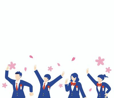 Students in blazer uniforms waving alongside the cherry blossoms, girl, ribbon, tiny, JPG, PNG and EPS