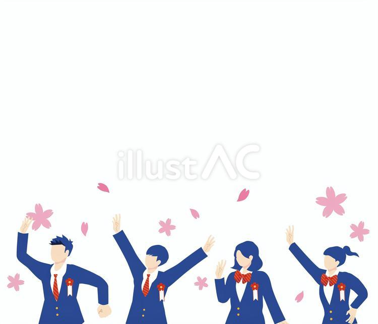 桜と並んで手を振るブレザー制服の学生達 女の子,リボン,かわいいのイラスト素材