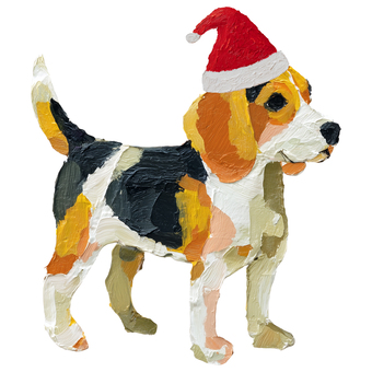 厚塗りのクリスマスビーグル犬 ビーグル,犬,ペット,クリスマス,サンタ帽子,冬,動物イラスト,厚塗り,油絵風,手描きのイラスト素材